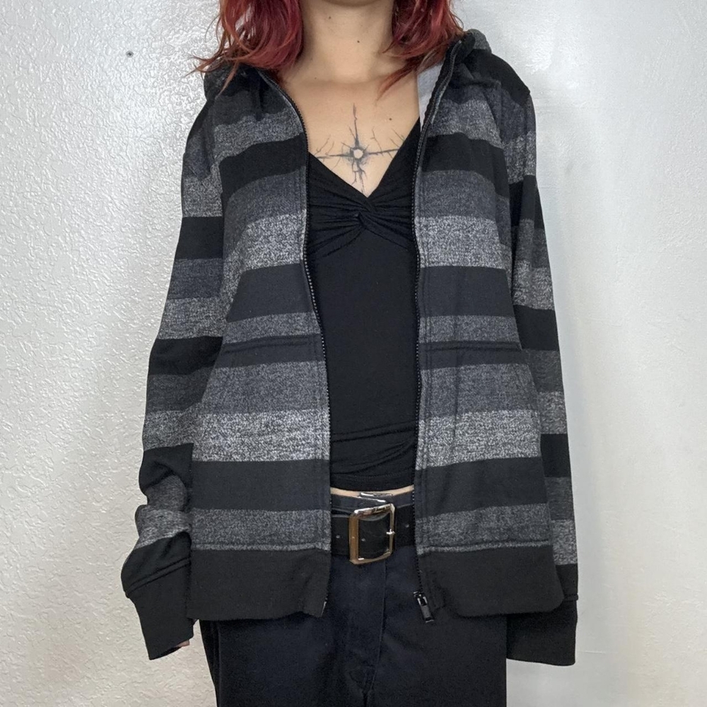 Striped Black and Gray Zip-Up Hoodie